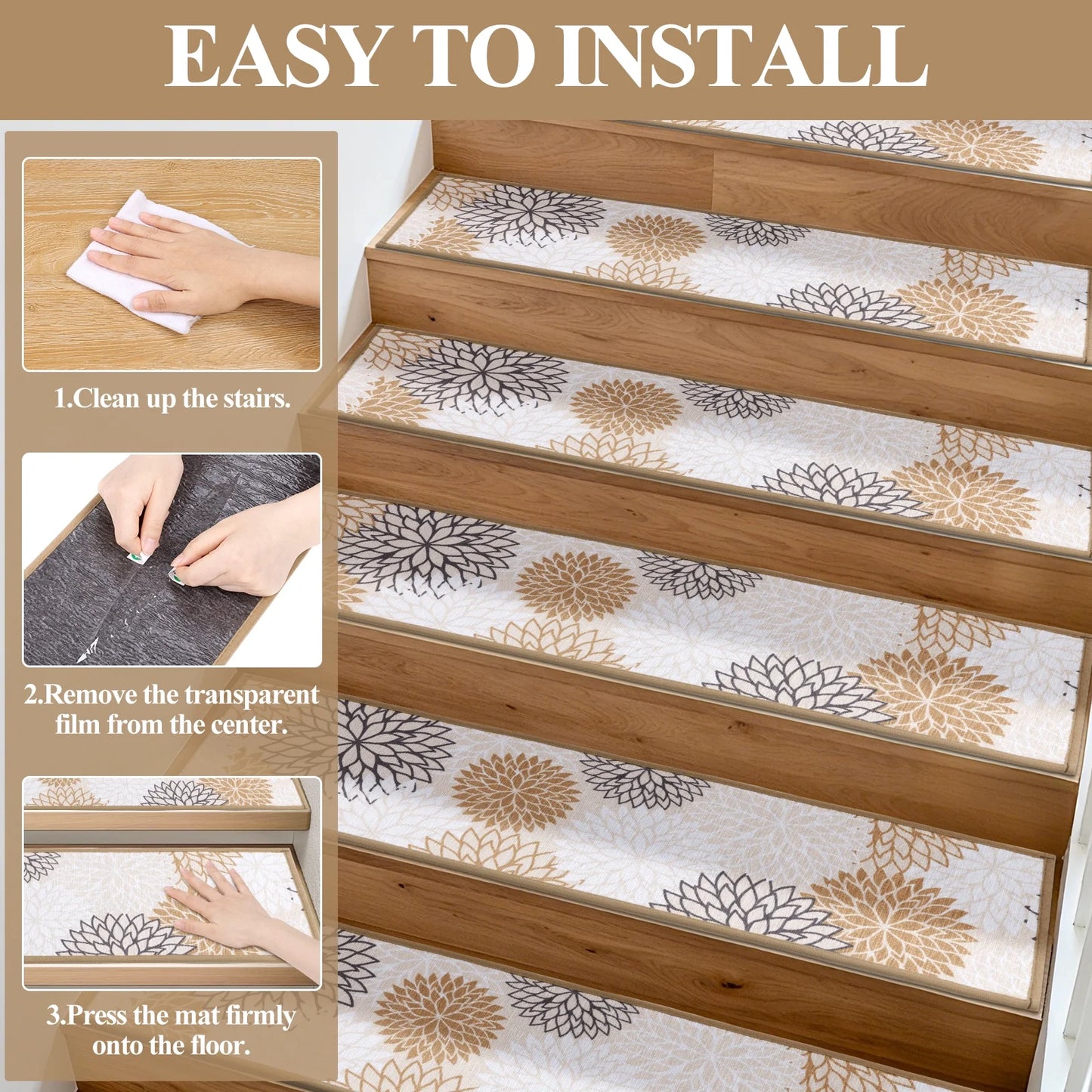 HEBE Stair Treads for Wooden Steps Indoor, 15 Pack 8" X 30" Stair Treads Non Slip with Reusable Adhesive Backing, Non-Skid Carpet Stair Runners for Kids Elders and Pets