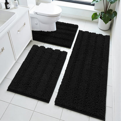 HEBE Ultra Soft Bathroom Rug Set 3 Pieces, Non Slip Thick Chenille Striped Bath Mat, Absorbent Plush Shaggy Bath Rugs for Bathroom