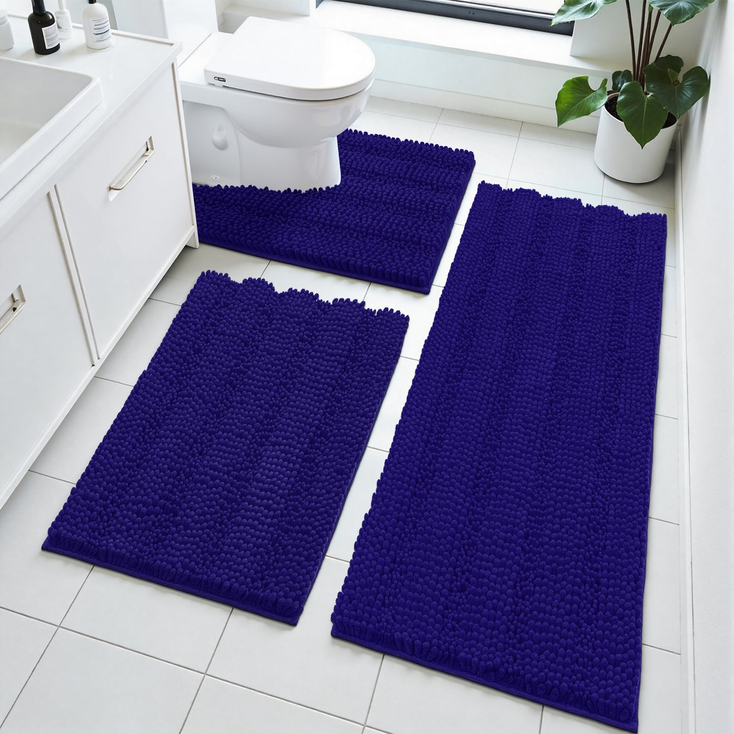 HEBE Ultra Soft Bathroom Rug Set 3 Pieces, Non Slip Thick Chenille Striped Bath Mat, Absorbent Plush Shaggy Bath Rugs for Bathroom