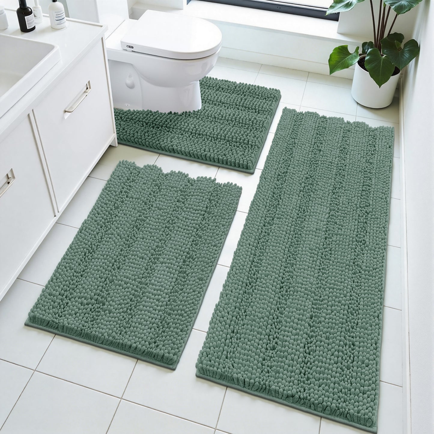 HEBE Ultra Soft Bathroom Rug Set 3 Pieces, Non Slip Thick Chenille Striped Bath Mat, Absorbent Plush Shaggy Bath Rugs for Bathroom