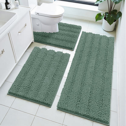 HEBE Ultra Soft Bathroom Rug Set 3 Pieces, Non Slip Thick Chenille Striped Bath Mat, Absorbent Plush Shaggy Bath Rugs for Bathroom