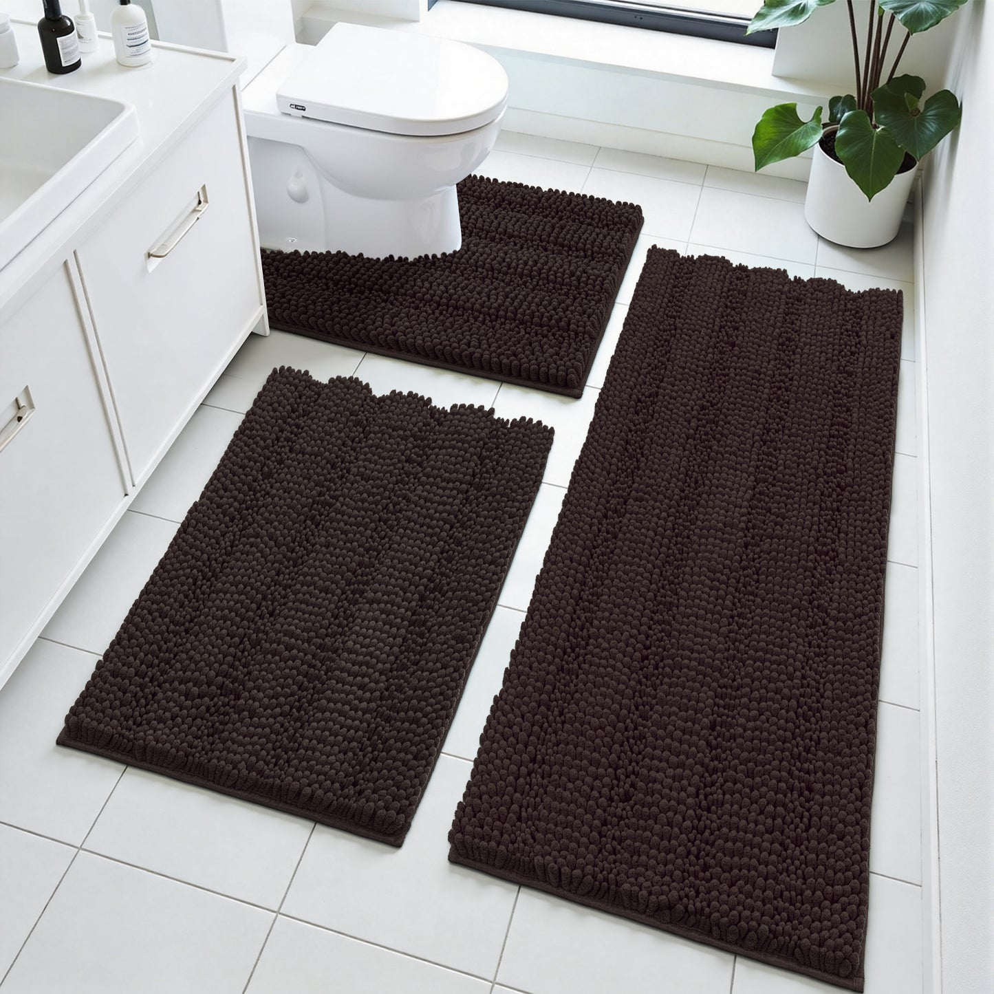 HEBE Ultra Soft Bathroom Rug Set 3 Pieces, Non Slip Thick Chenille Striped Bath Mat, Absorbent Plush Shaggy Bath Rugs for Bathroom