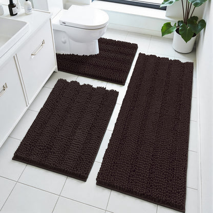 HEBE Ultra Soft Bathroom Rug Set 3 Pieces, Non Slip Thick Chenille Striped Bath Mat, Absorbent Plush Shaggy Bath Rugs for Bathroom