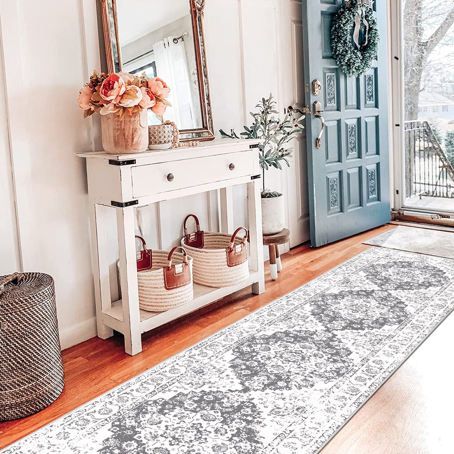 HEBE Hallway Runner Rug 2'x8' Washable Vintage Distressed Area Rugs Non Slip Laundry Rug Runner Boho Floor Carpet Runners for Hallways Entryway Laundry Room Kitchen Bathroom,Grey