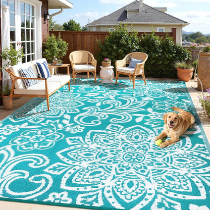 Waterproof Outdoor Rug, Reversible Mandala Outdoor Plastic Straw Rug, Durable Foldable Patio Rug for RV, Deck, Balcony, Backyard, Picnic, Porch, Camping, Beach