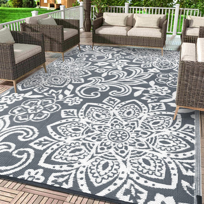 Waterproof Outdoor Rug, Reversible Mandala Outdoor Plastic Straw Rug, Durable Foldable Patio Rug for RV, Deck, Balcony, Backyard, Picnic, Porch, Camping, Beach