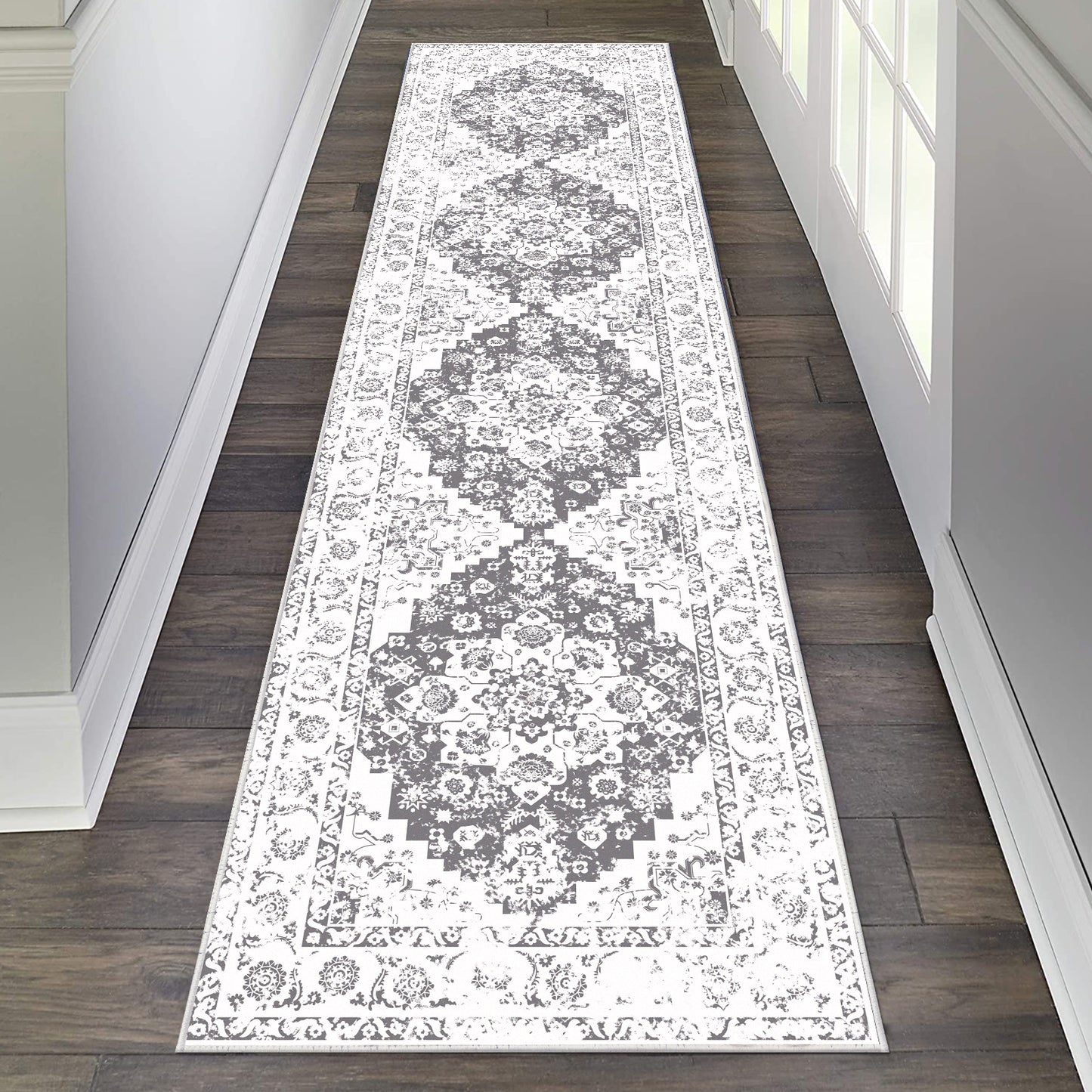 HEBE Hallway Runner Rug 2'x8' Washable Vintage Distressed Area Rugs Non Slip Laundry Rug Runner Boho Floor Carpet Runners for Hallways Entryway Laundry Room Kitchen Bathroom,Grey