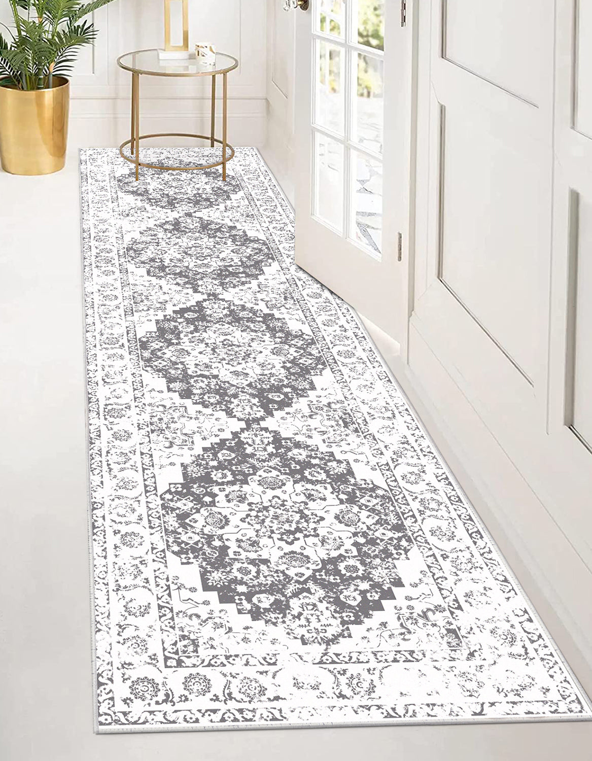 HEBE Hallway Runner Rug 2'x8' Washable Vintage Distressed Area Rugs Non Slip Laundry Rug Runner Boho Floor Carpet Runners for Hallways Entryway Laundry Room Kitchen Bathroom,Grey