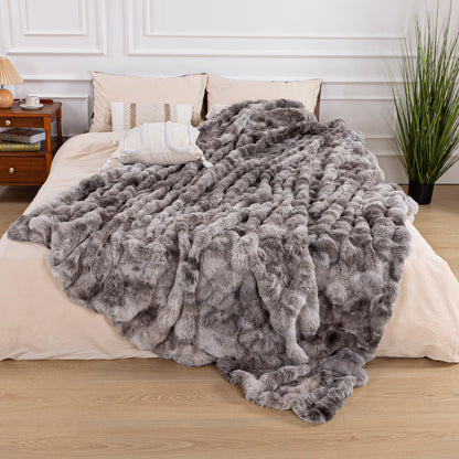 HEBE Faux Fur Throw Blanket for Couch, Cozy Soft Plush Thick Fuzzy Comfy Bubble Blanket and Fuzzy Plush Rabbit Fur Blanket for Sofa Bedroom Living Room