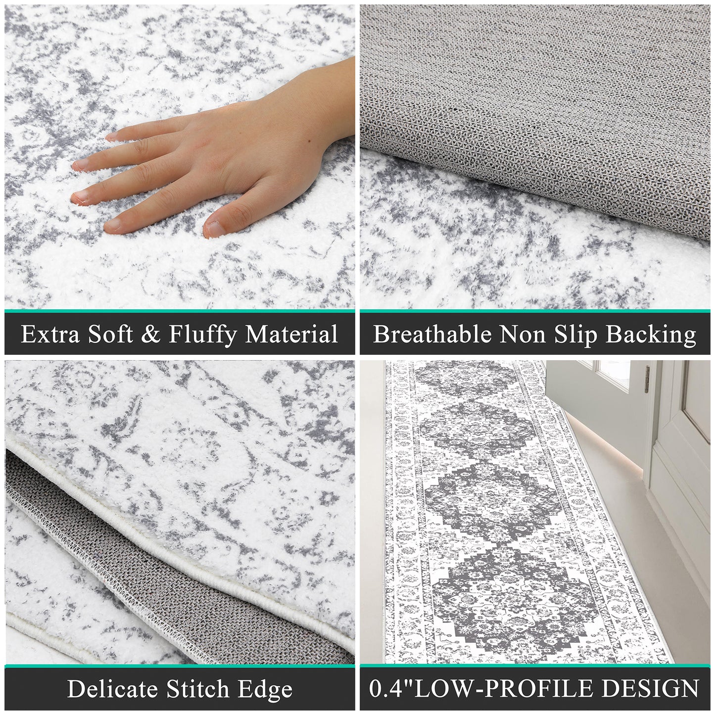 HEBE Hallway Runner Rug 2'x8' Washable Vintage Distressed Area Rugs Non Slip Laundry Rug Runner Boho Floor Carpet Runners for Hallways Entryway Laundry Room Kitchen Bathroom,Grey