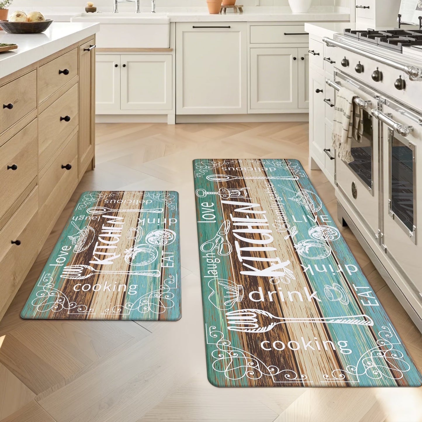 HEBE Farmhouse Kitchen Rug Set of 2, Non-Slip Anti-Fatigue Waterproof Cushioned Mat for Kitchen, Dining & Laundry Room, 18"x30"+18"x48"