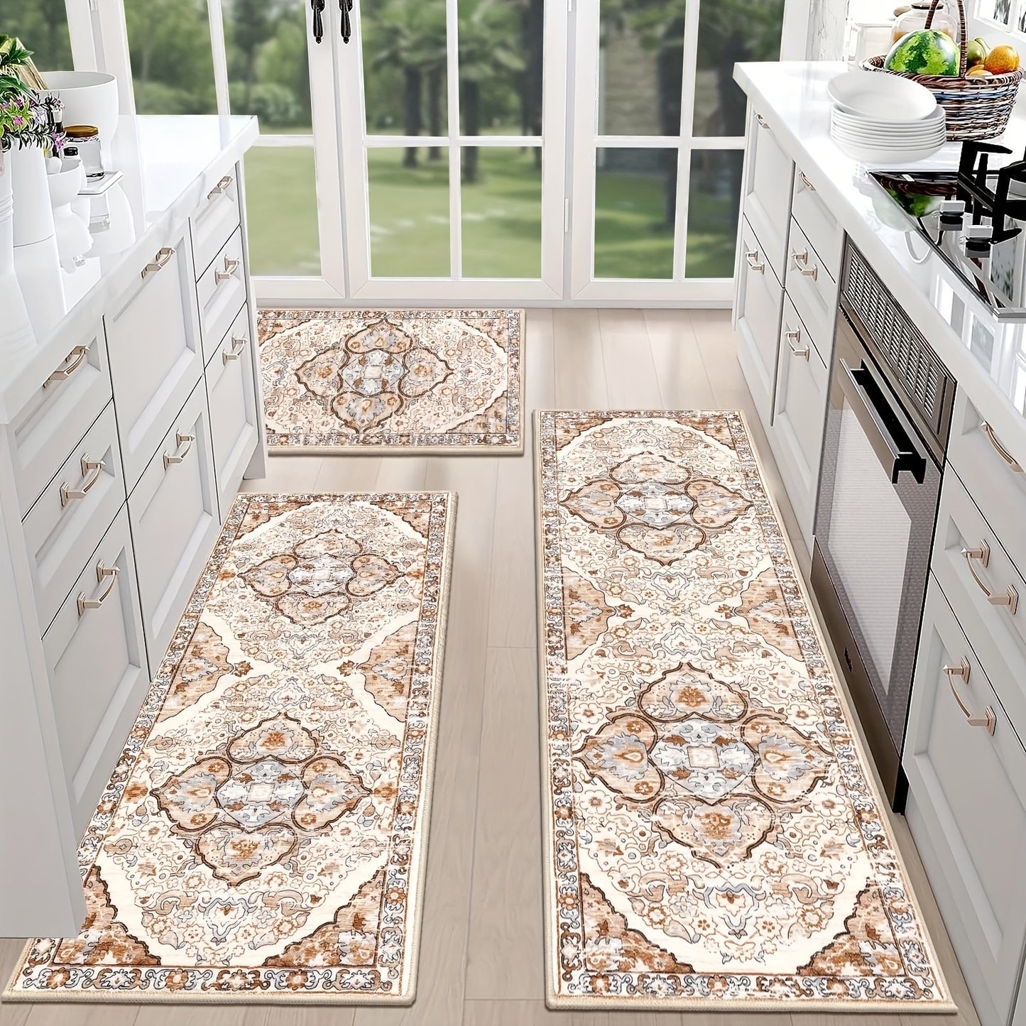 Farmhouse Kitchen Rugs Sets of 3 Non Slip Washable Boho Kitchen Rugs and Mats for Floor Kitchen Runner Rug Floor Carpet for Kitchen, Laundry, Hallways