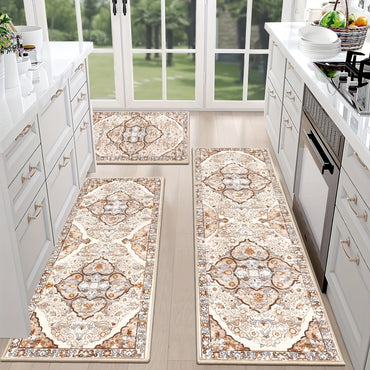 Farmhouse Kitchen Rugs Sets of 3 Non Slip Washable Boho Kitchen Rugs and Mats for Floor Kitchen Runner Rug Floor Carpet for Kitchen, Laundry, Hallways