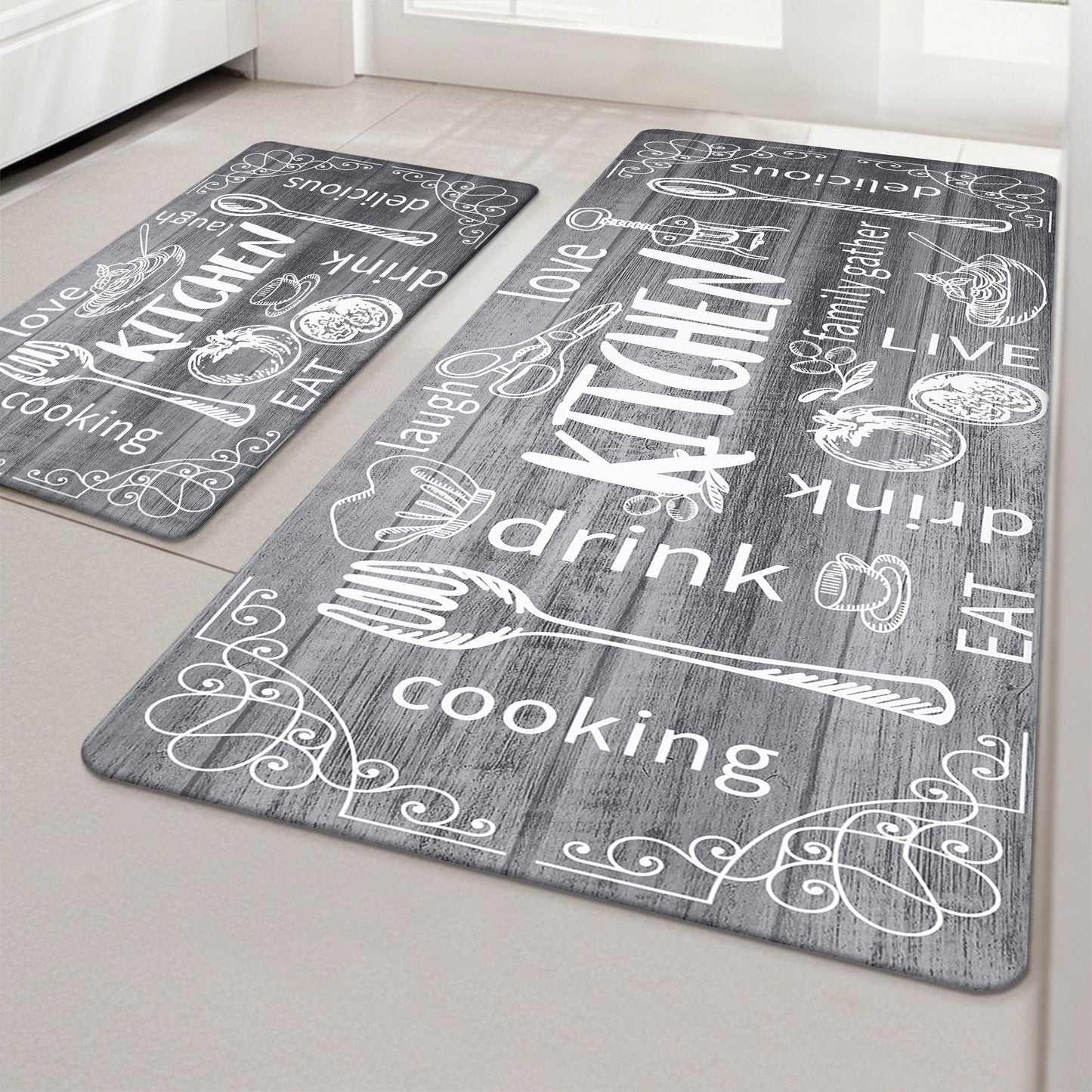 HEBE Farmhouse Kitchen Rug Set of 2, Non-Slip Anti-Fatigue Waterproof Cushioned Mat for Kitchen, Dining & Laundry Room, 18"x30"+18"x48"