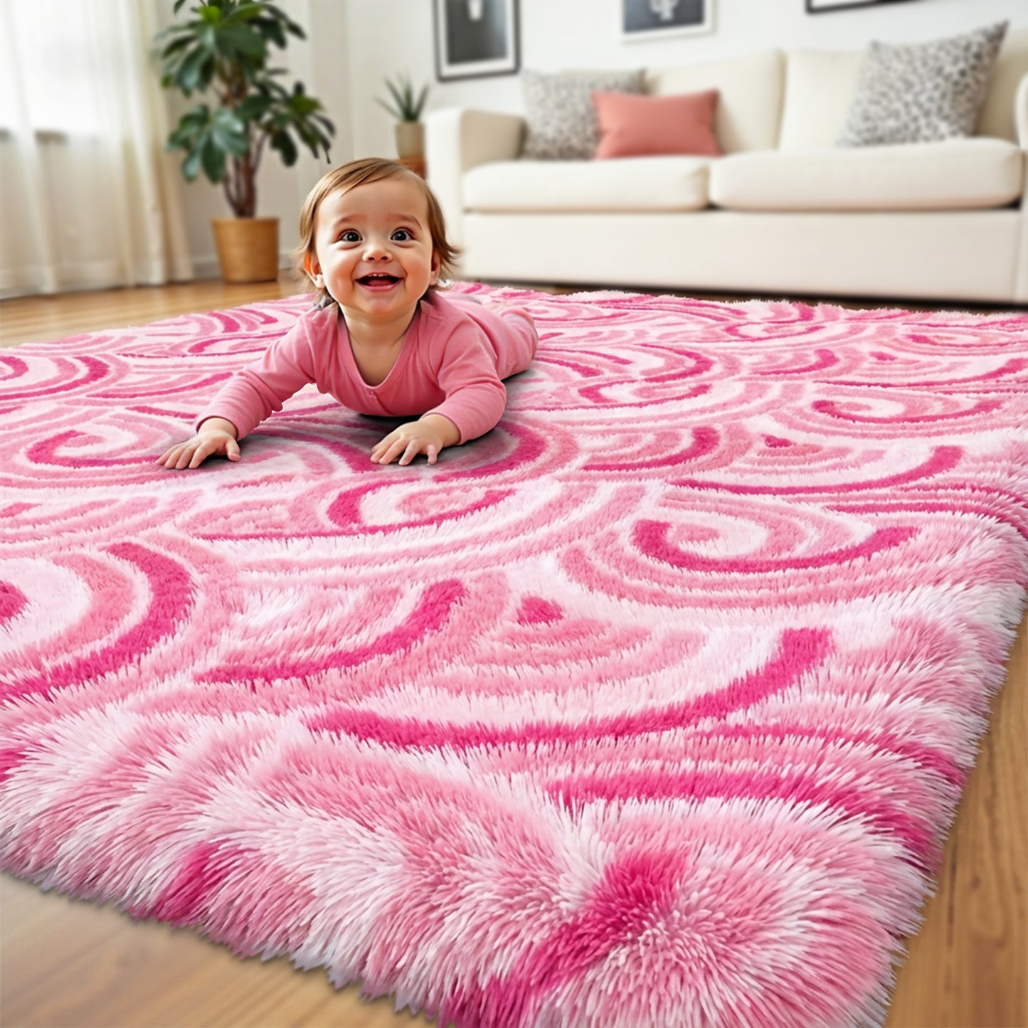HEBE Fluffy Area Rug for Bedroom Cute Pink Furry Carpet Extra Soft Shag Washable Rugs