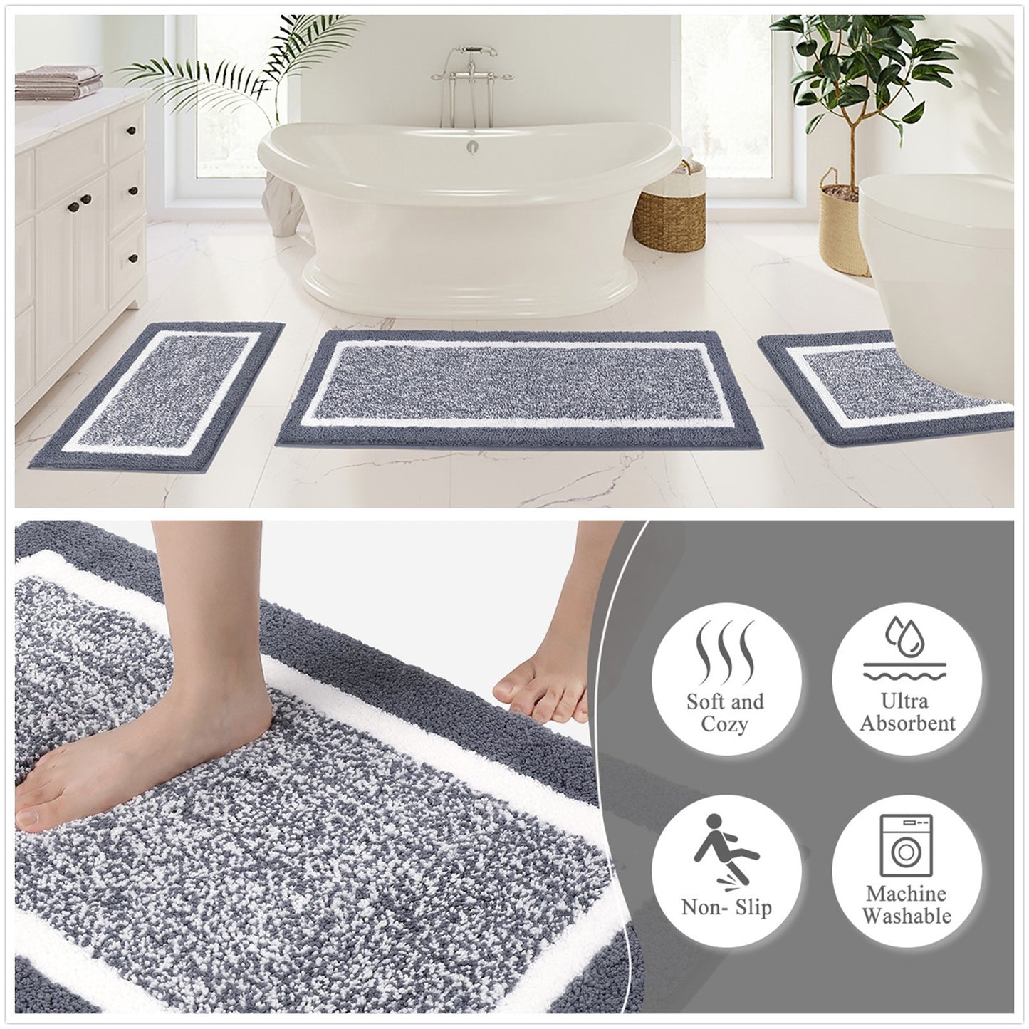HEBE Bathroom Rug Mat Set 3 Piece, Non-Slip Ultra Soft Absorbent Bath Mat Set with U-Shaped Toilet Rug