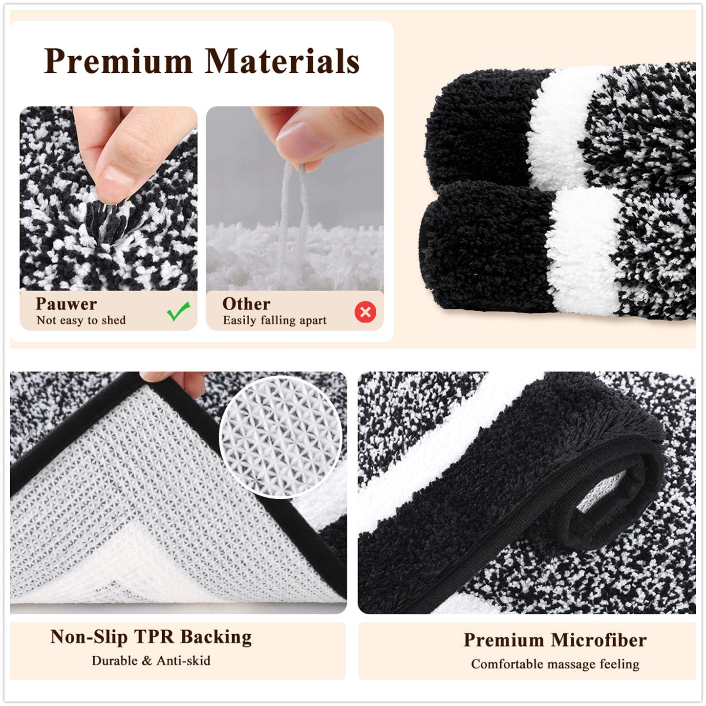 HEBE Bathroom Rug Mat Set 3 Piece, Non-Slip Ultra Soft Absorbent Bath Mat Set with U-Shaped Toilet Rug