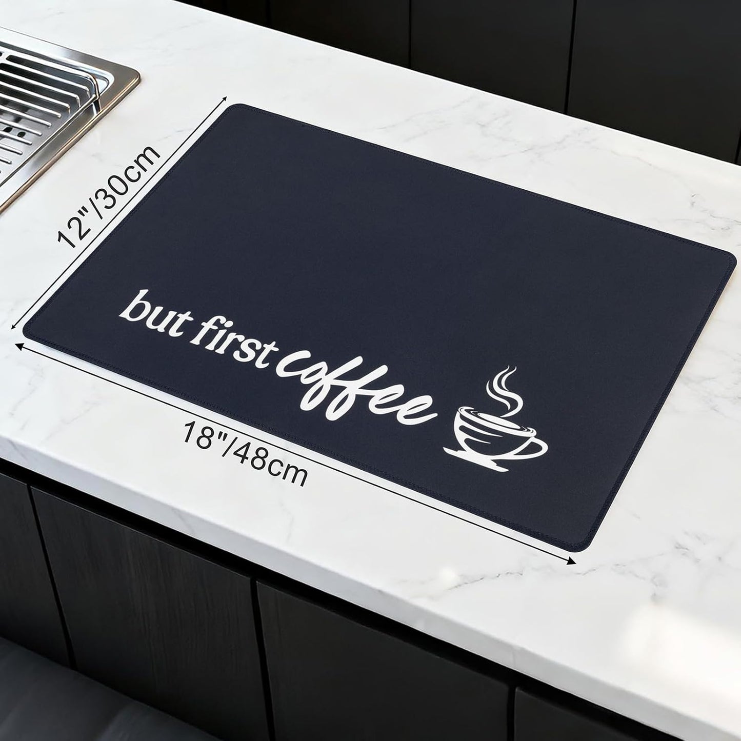 Coffee Mat 2-Pack 12x19 Inch Absorbent Non Slip Rubber Dish Drying Mat for Countertop Black