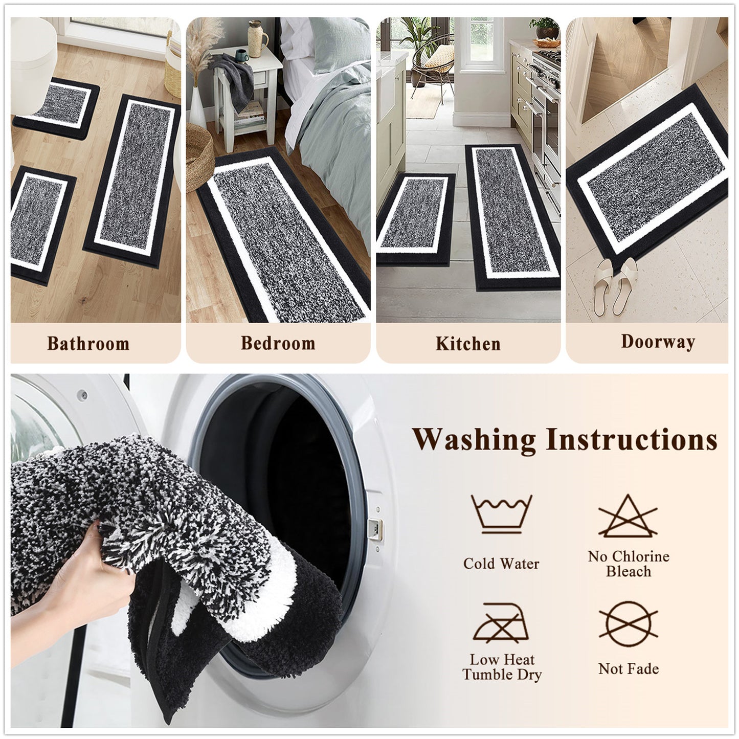HEBE Bathroom Rug Mat Set 3 Piece, Non-Slip Ultra Soft Absorbent Bath Mat Set with U-Shaped Toilet Rug