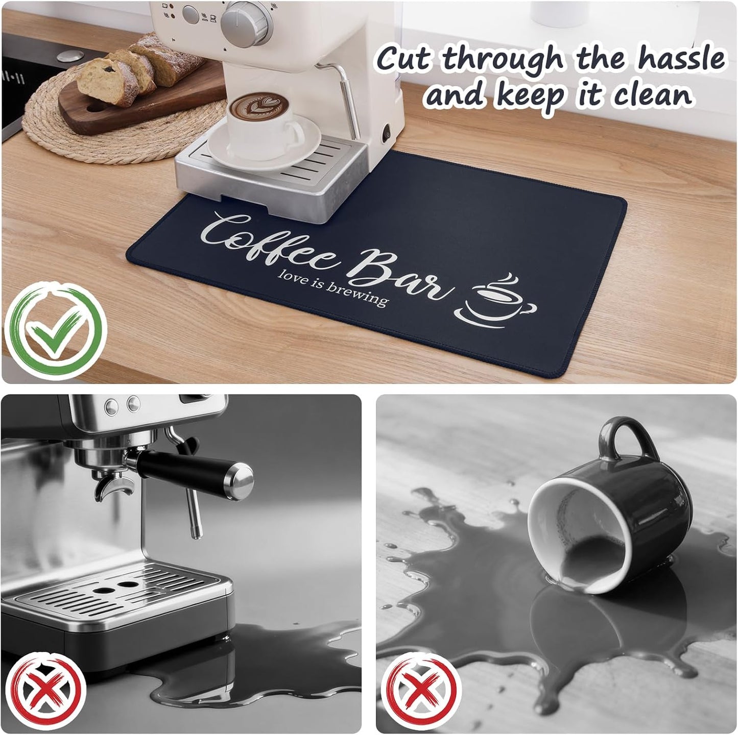 Coffee Mat 2-Pack 12x19 Inch Absorbent Non Slip Rubber Dish Drying Mat for Countertop Black