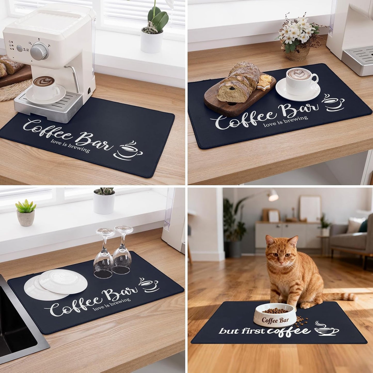 Coffee Mat 2-Pack 12x19 Inch Absorbent Non Slip Rubber Dish Drying Mat for Countertop Black