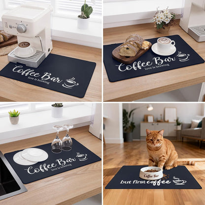 Coffee Mat 2-Pack 12x19 Inch Absorbent Non Slip Rubber Dish Drying Mat for Countertop Black