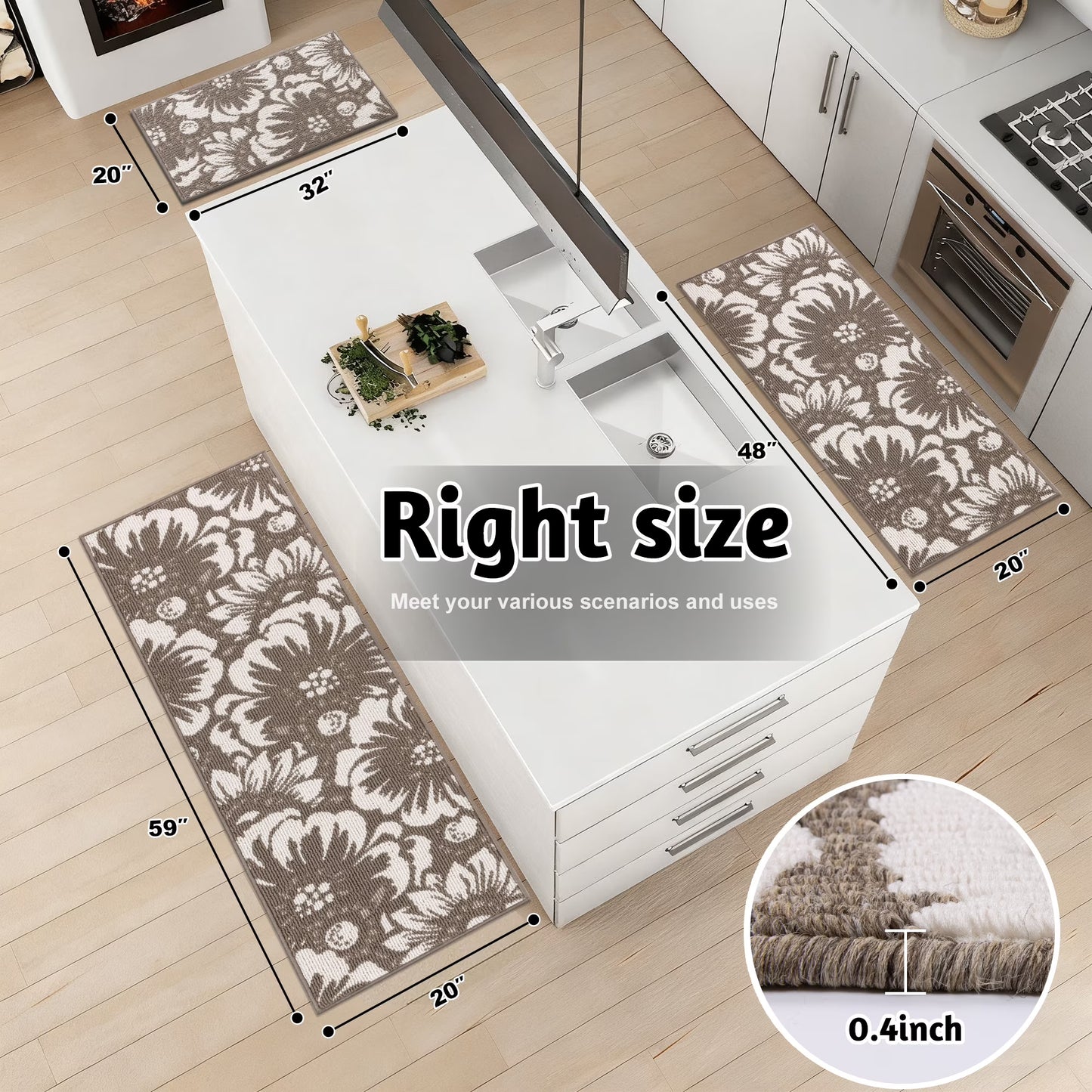 HEBE Kitchen Rug Set 3 Piece, Non Slip Machine Washable Mats for Home Floor and Living Room