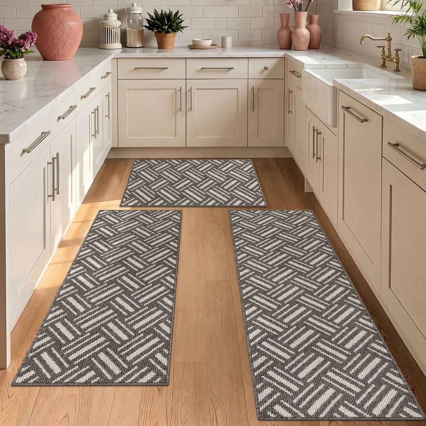 3-Piece Kitchen Rug Set, Non-Slip Basketweave Geometric Floor Mats