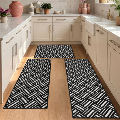 3-Piece Kitchen Rug Set, Non-Slip Basketweave Geometric Floor Mats