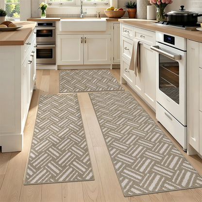 3-Piece Kitchen Rug Set, Non-Slip Basketweave Geometric Floor Mats