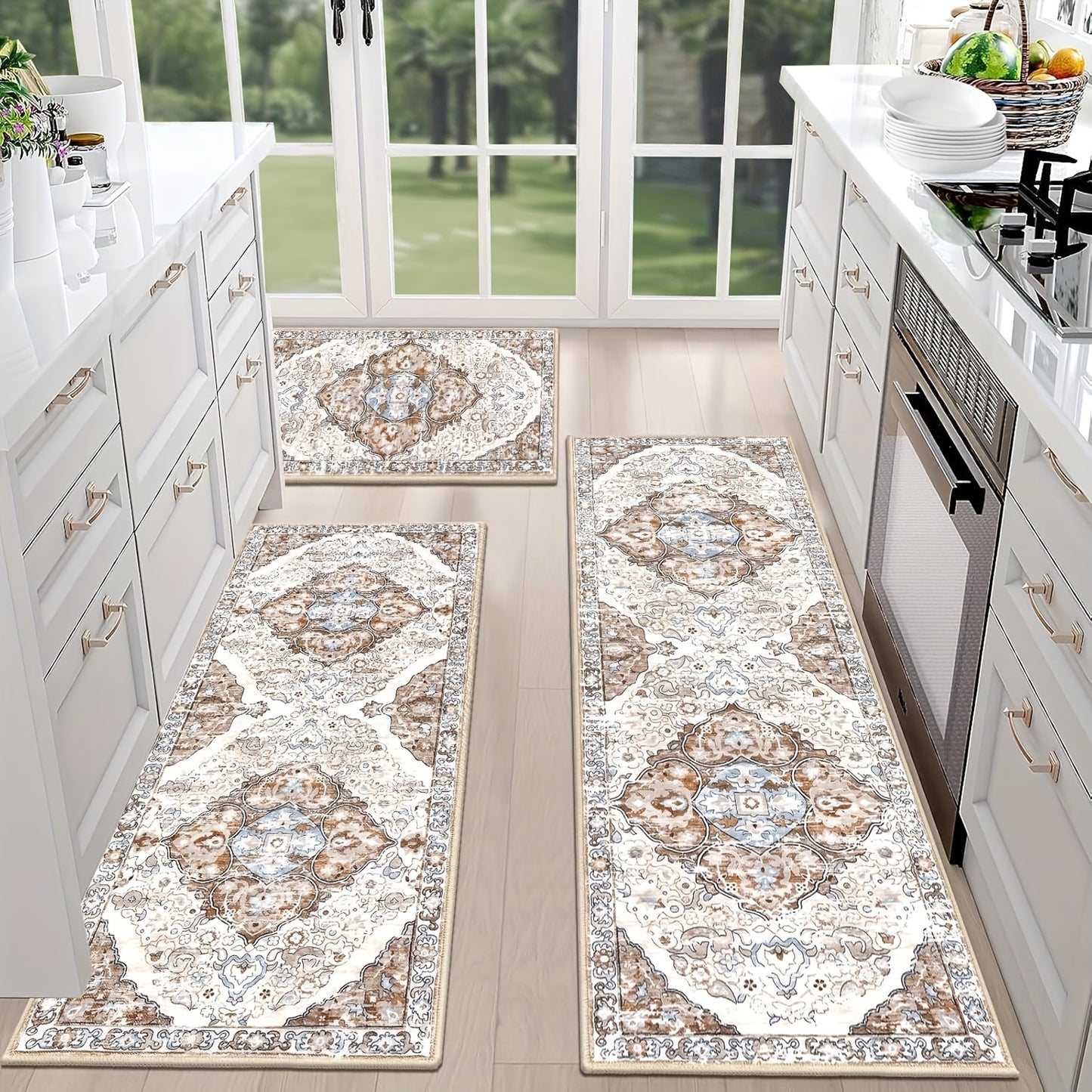 Farmhouse Kitchen Rugs Sets of 3 Non Slip Washable Boho Kitchen Rugs and Mats for Floor Kitchen Runner Rug Floor Carpet for Kitchen, Laundry, Hallways