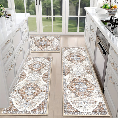 Farmhouse Kitchen Rugs Sets of 3 Non Slip Washable Boho Kitchen Rugs and Mats for Floor Kitchen Runner Rug Floor Carpet for Kitchen, Laundry, Hallways