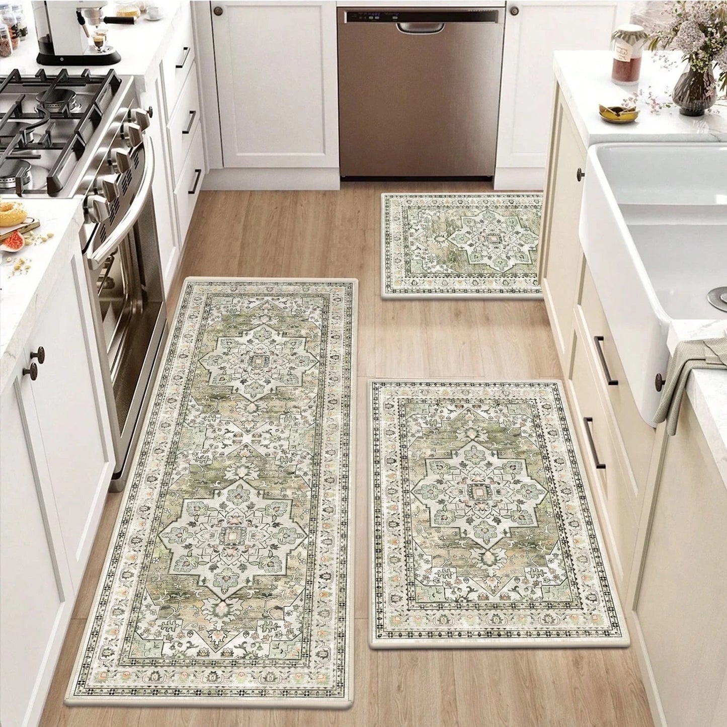 HEBE 3pcs Kitchen Rugs Set,Washable Boho Farmhouse Kitchen Mats