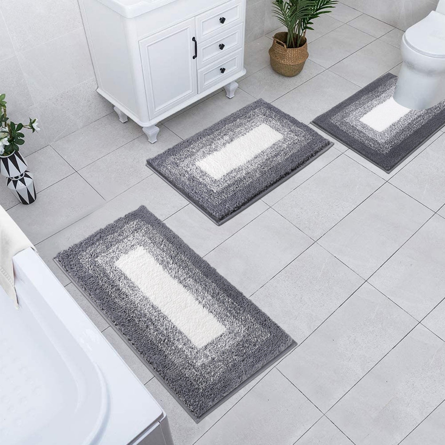 HEBE Microfiber Bathroom Rugs Sets 3 Piece, Non Slip Bath Rugs for Bathroom, Absorbent Plush Shaggy Bath Mat with U-Shaped Contour Toilet Mat Machine Washable