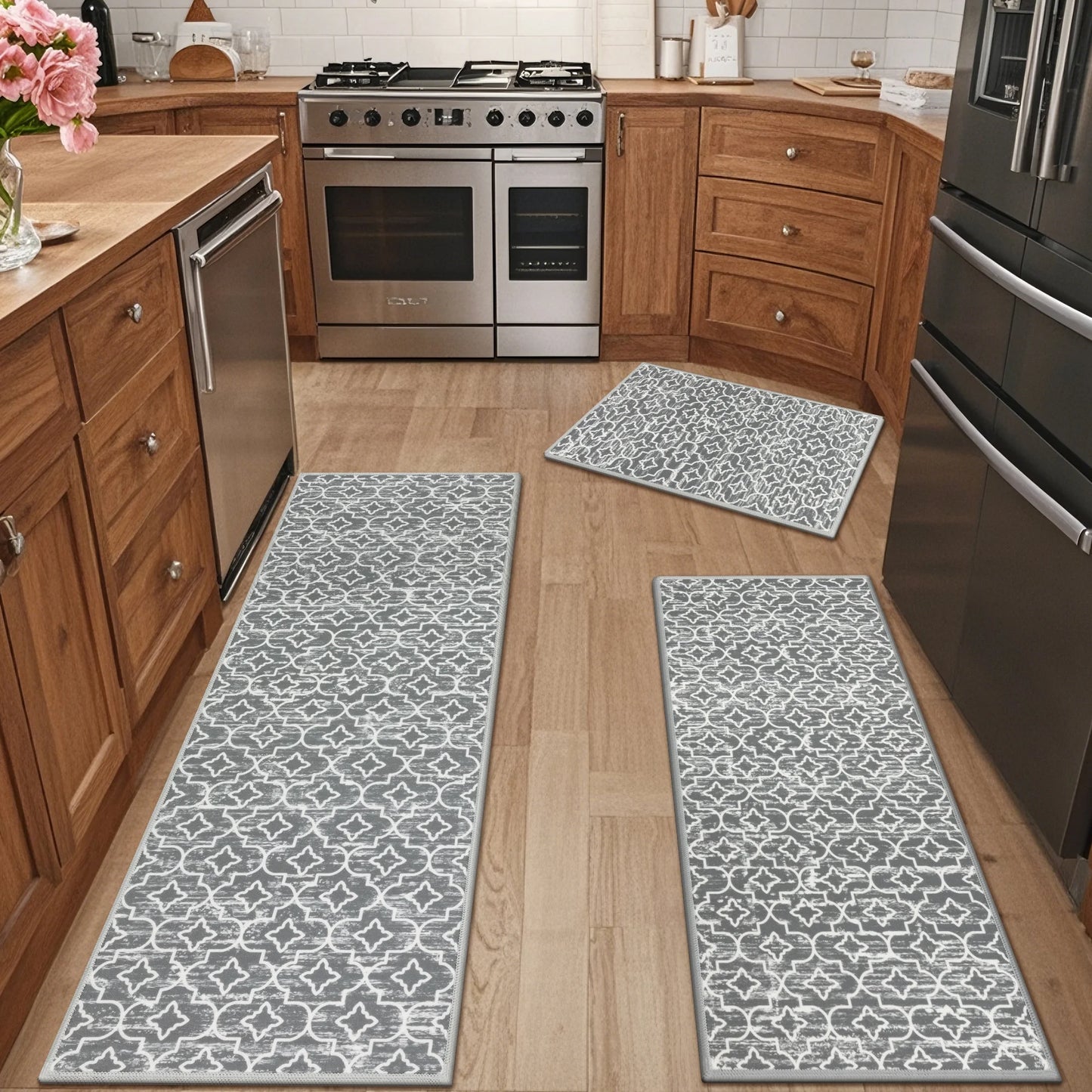 HEBE Kitchen Rug Set 3 Piece, Non Slip Machine Washable Mats for Home Floor and Living Room