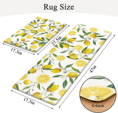 HEBE Anti Fatigue Kitchen Mats Set of 2 Non Slip Lemon Theme Cushioned Kitchen Standing Mats