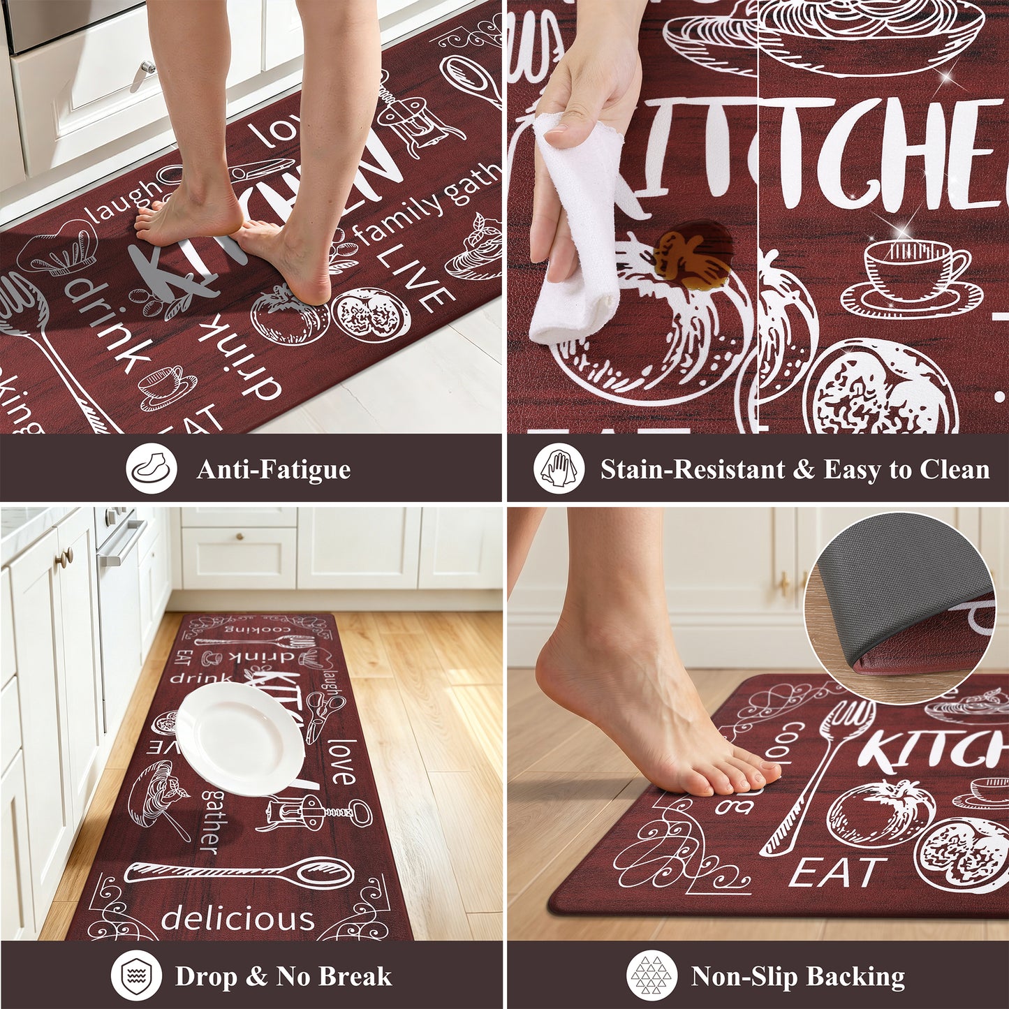HEBE Anti-Fatigue Kitchen Rug Set of 2, Non-Slip Waterproof Cushioned Mats