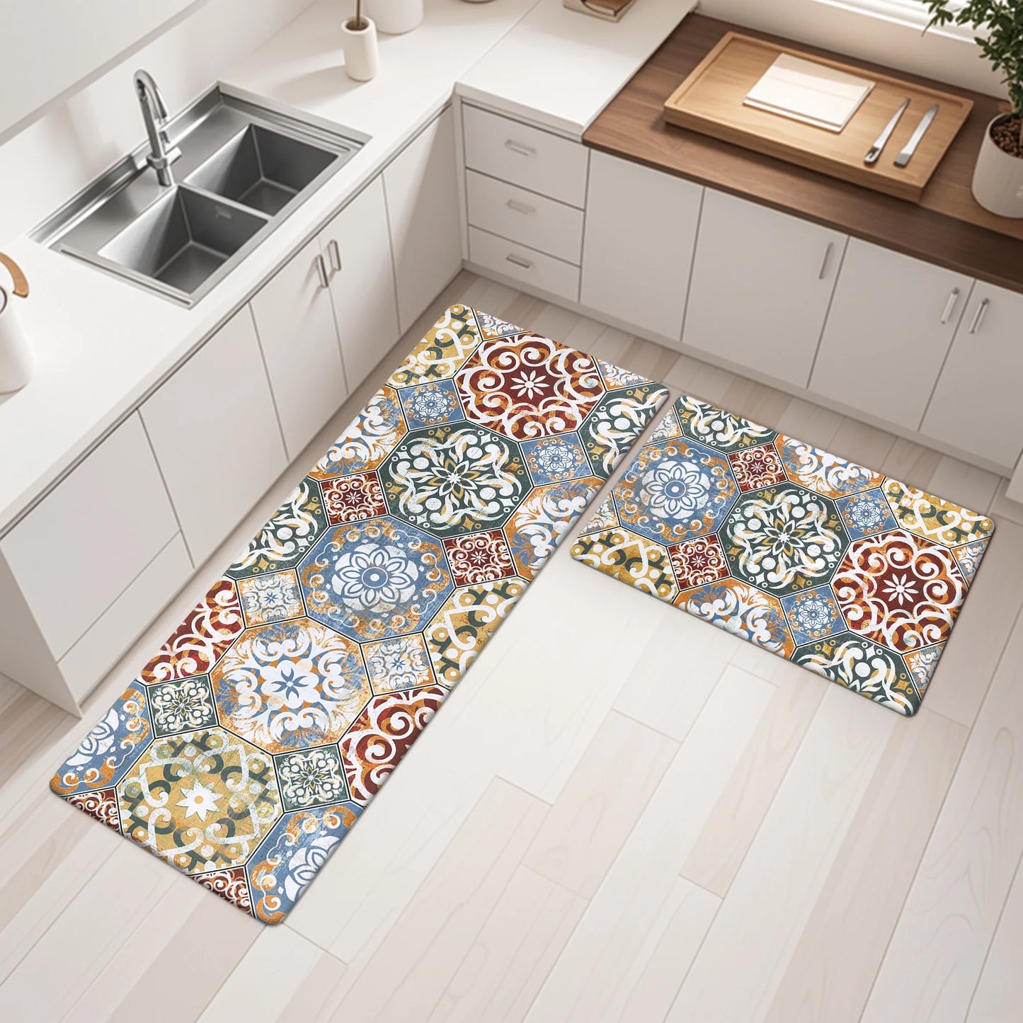 HEBE Boho Kitchen Rug Set of 2, Non-Slip Anti-Fatigue Waterproof Cushioned Mat for Kitchen, Dining & Laundry Room, 18"x30"+18"x48"
