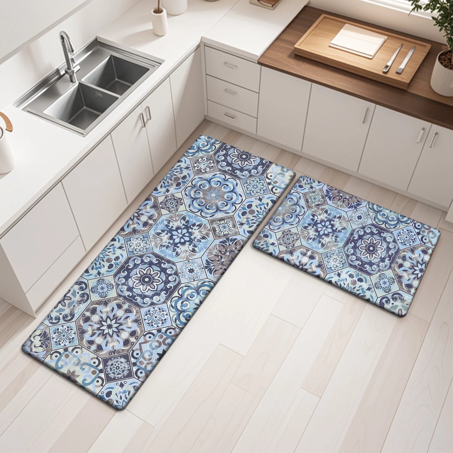 HEBE Boho Kitchen Rug Set of 2, Non-Slip Anti-Fatigue Waterproof Cushioned Mat for Kitchen, Dining & Laundry Room, 18"x30"+18"x48"