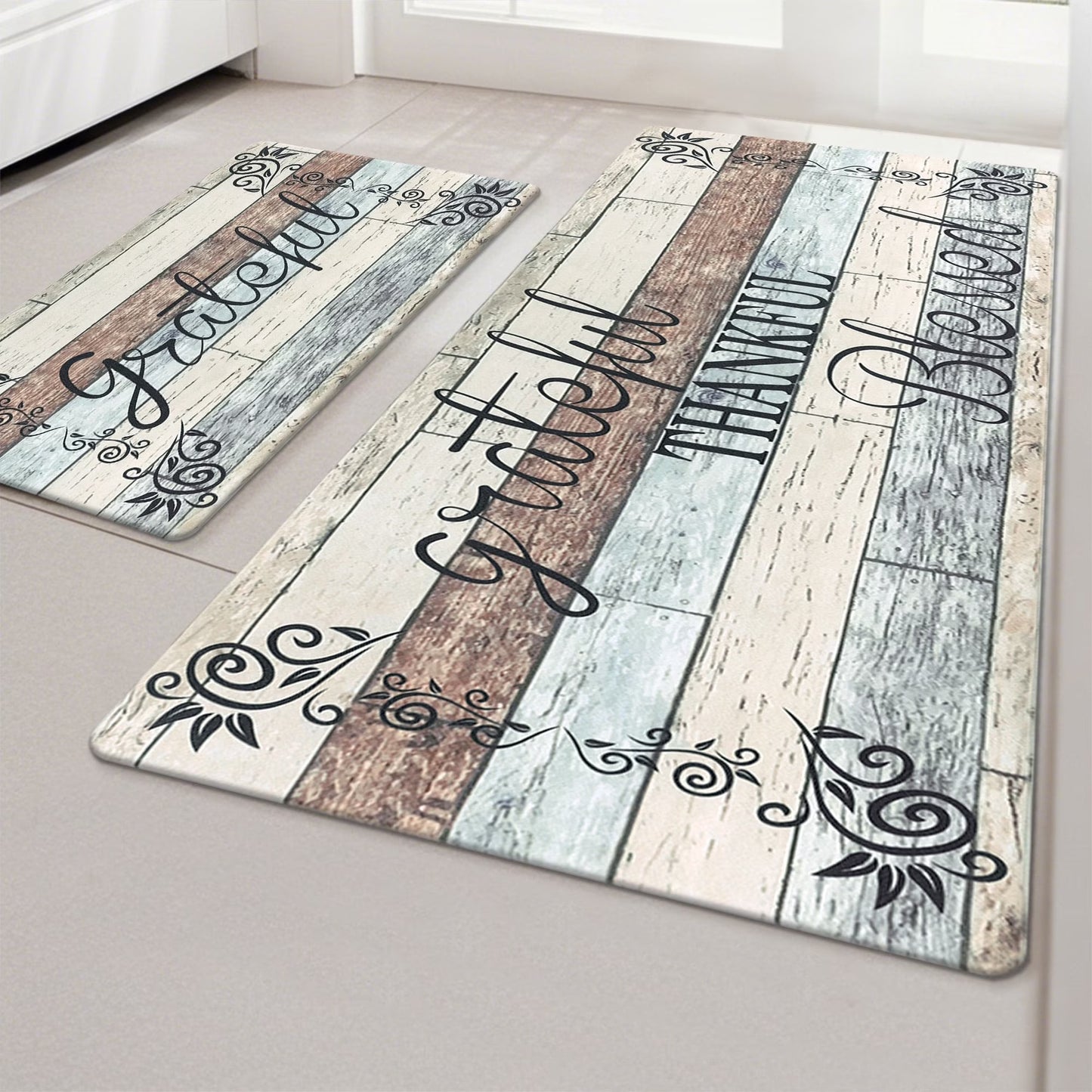 HEBE Farmhouse Kitchen Rug Set of 2, Non-Slip Anti-Fatigue Waterproof Cushioned Mat for Kitchen, Dining & Laundry Room, 18"x30"+18"x48"