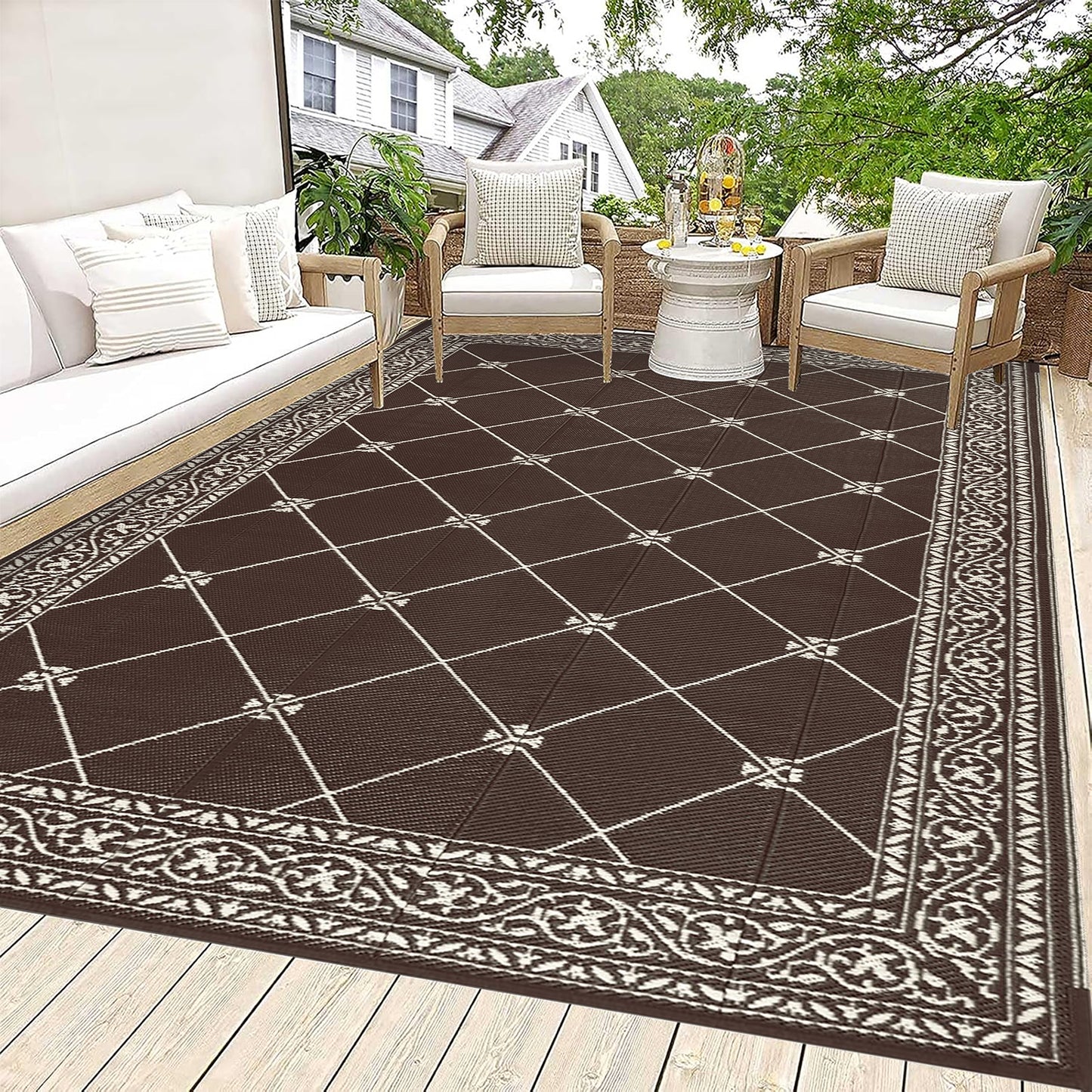 Outdoor Rugs Loomed Rectangular Classic Trellis Waterproof Quick Dry Patio Mats