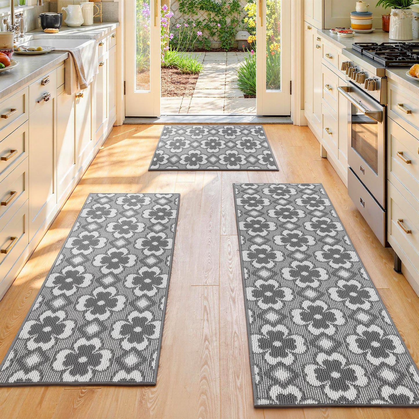 Kitchen Mat Sets 3 Piece Minimalist 3D Lattice Kitchen Floor Rugs with Non Slip Rubber Backing