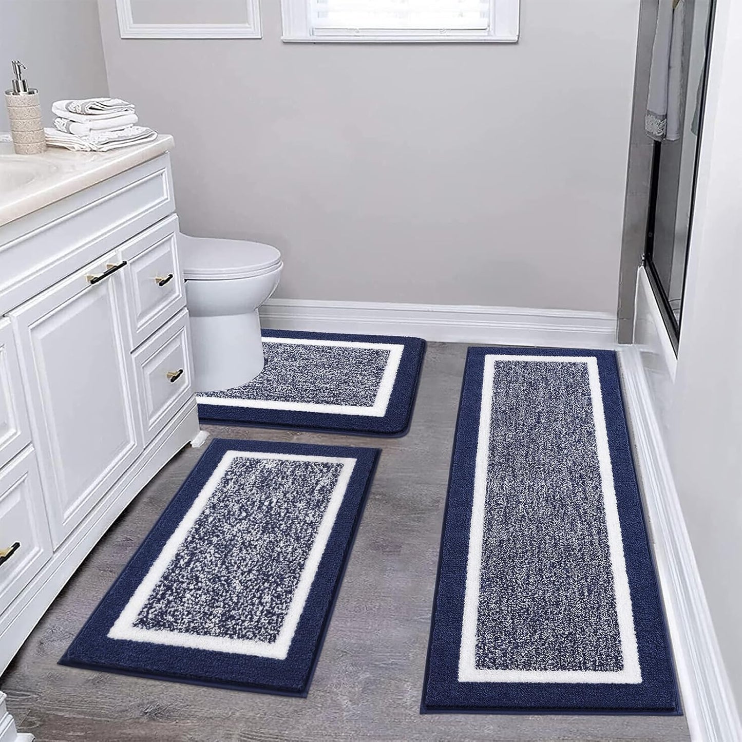 HEBE Bathroom Rug Mat Set 3 Piece, Microfiber Shaggy Bath Set, Non-Slip Ultra Soft Carpet Mats, Absorbent with U-Shaped Toilet for Bathroom, Tub, Shower