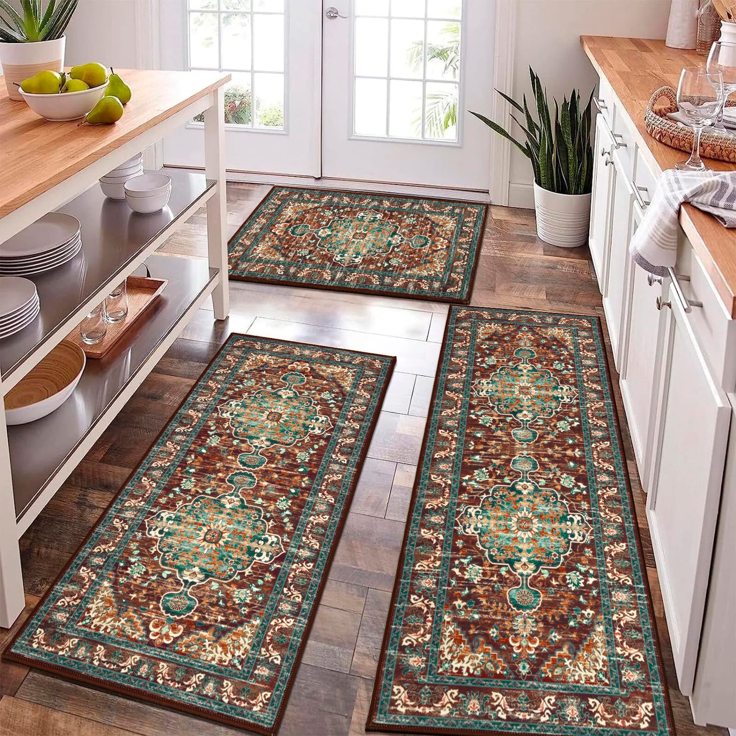 Washable Kitchen Runner Rug Vintage Farmhouse Non Slip Accent Carpet Runner Set of 3 Grey