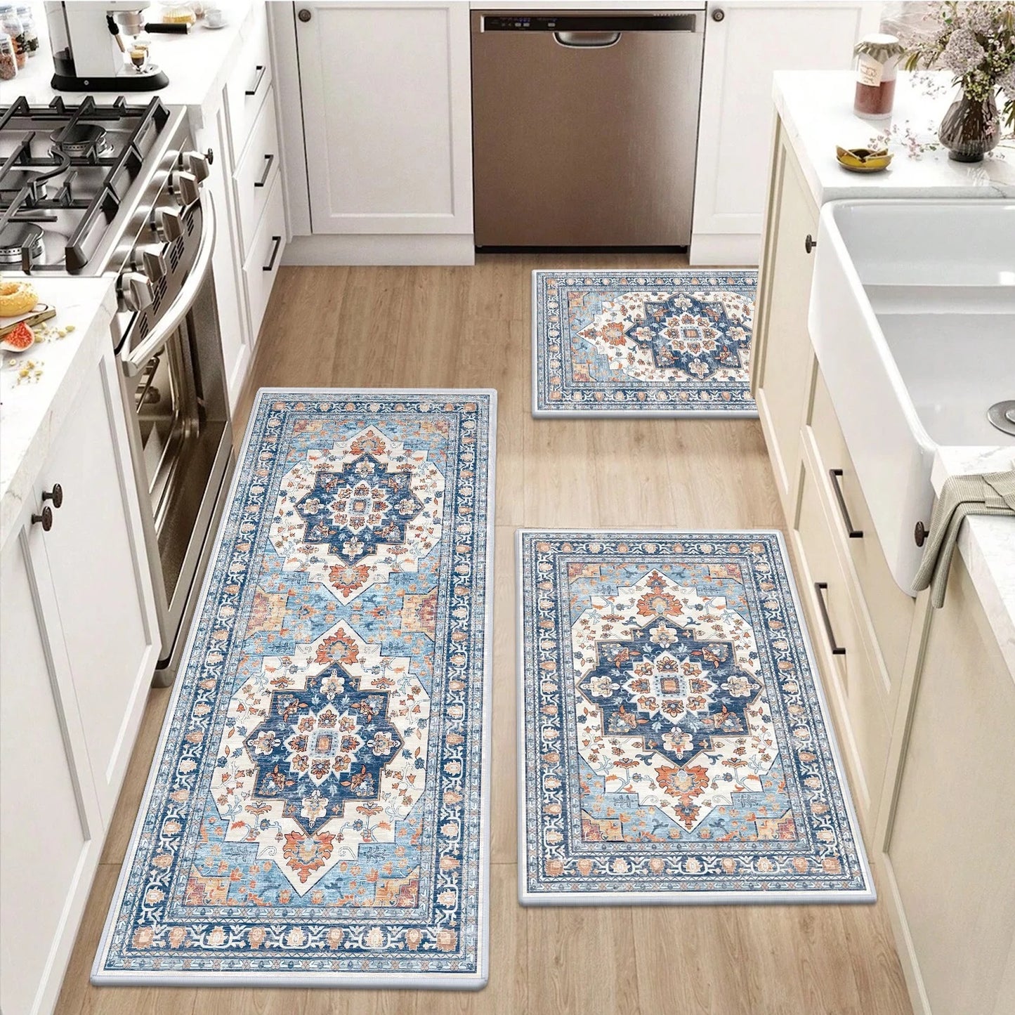 HEBE 3pcs Kitchen Rugs Set,Washable Boho Farmhouse Kitchen Mats