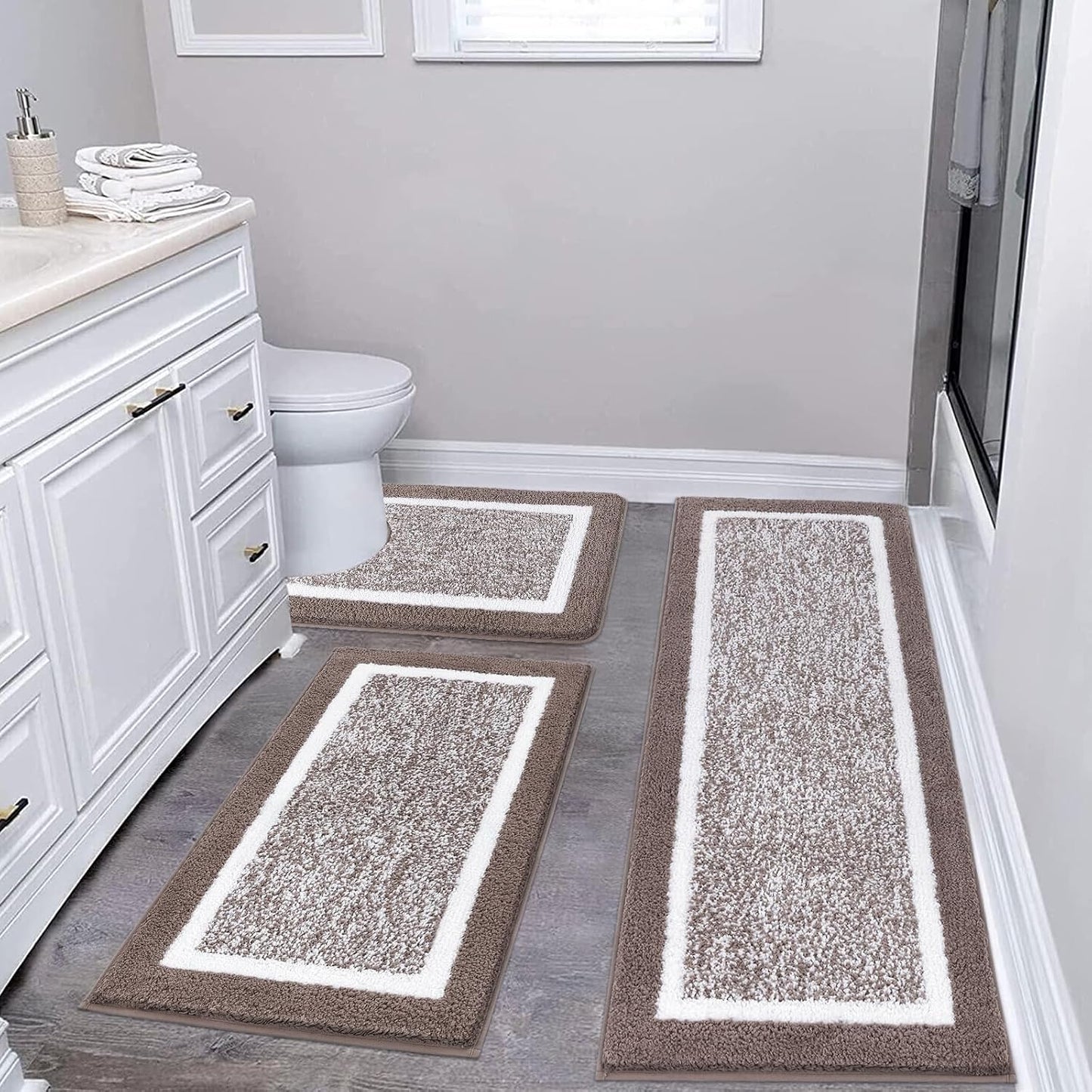 HEBE Bathroom Rug Mat Set 3 Piece, Non-Slip Ultra Soft Absorbent Bath Mat Set with U-Shaped Toilet Rug