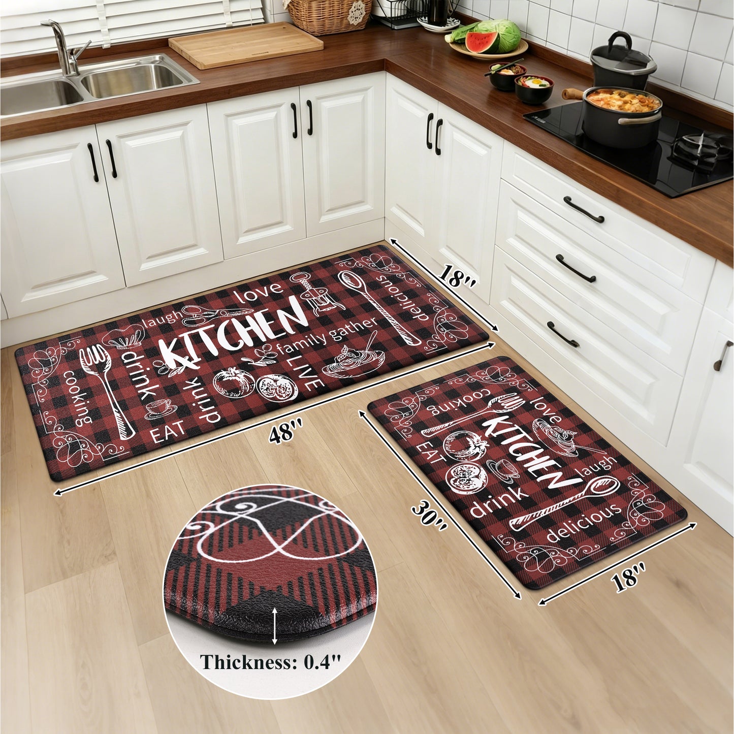 HEBE Anti-Fatigue Kitchen Rug Set of 2, Non-Slip Waterproof Cushioned Mats