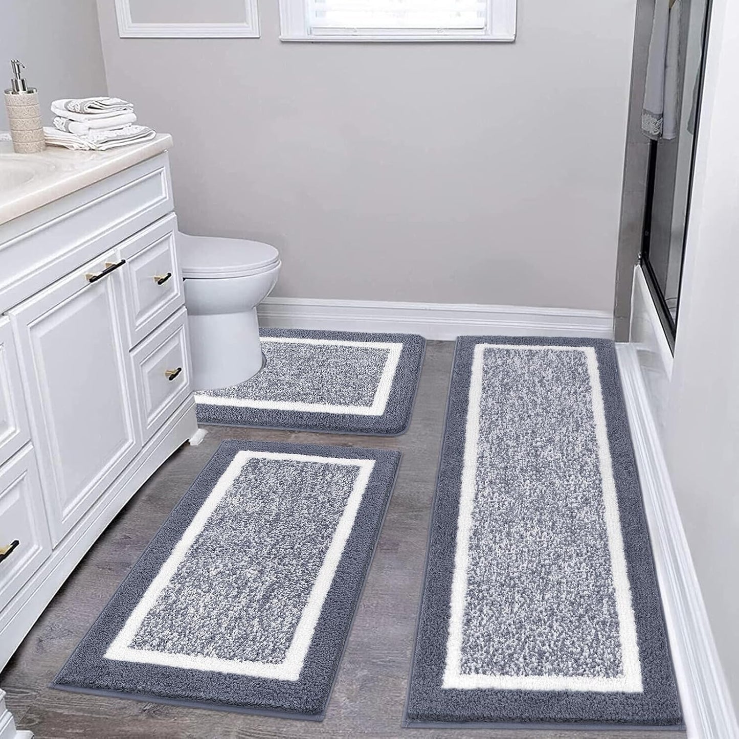 HEBE Bathroom Rug Mat Set 3 Piece, Non-Slip Ultra Soft Absorbent Bath Mat Set with U-Shaped Toilet Rug