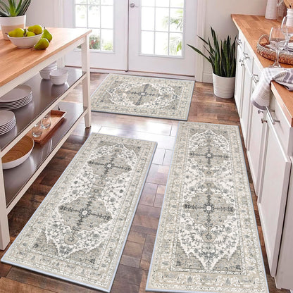 Washable Kitchen Runner Rug Vintage Farmhouse Non Slip Accent Carpet Runner Set of 3 Grey