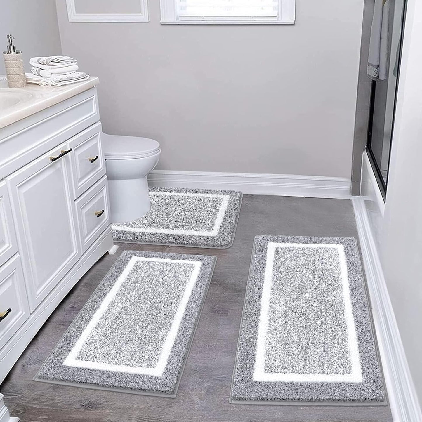 HEBE Bathroom Rug Mat Set 3 Piece, Microfiber Shaggy Bath Mat Set